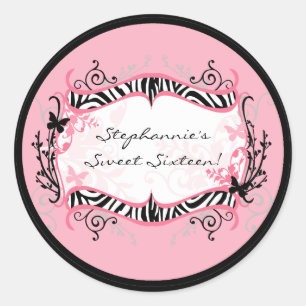 6 - 3" Favor Stickers Girly Butterfly Zebra Print