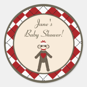 6 - 3" Favor Stickers Red Sock Monkey Argyle