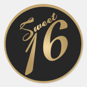 6 - 3" Favor Stickers Sweet 16 Gold Black