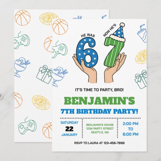 6-7 Birthday Invitation for Boys, Six Seven Meme (Devant / Derrière)