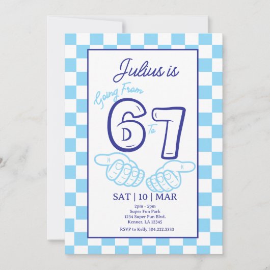 6 7 Meme Birthday Blue Checkerboard Invitation (Devant)