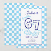 6 7 Meme Birthday Blue Checkerboard Invitation (Devant / Derrière)