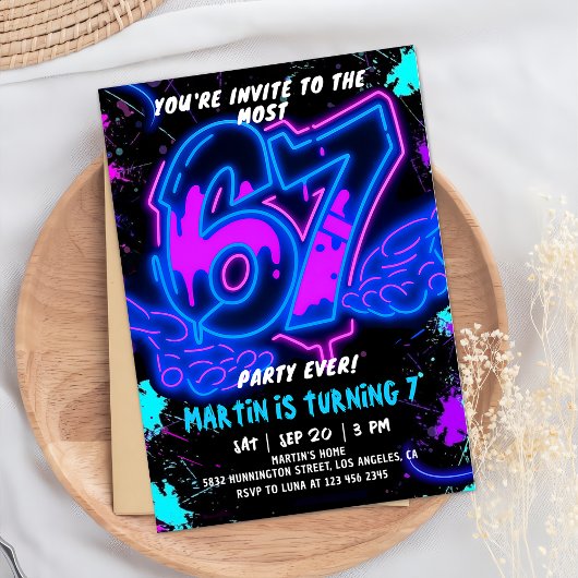 6 7 Neon Six Seven Birthday Invitation 