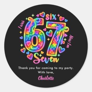 6 7 Six Seven Neon Meisje 7e Verjaardag Feest Favo Ronde Sticker