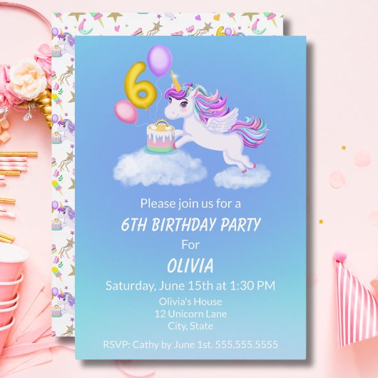 6 Anniversaire Unicorne avec invitation de gâteau