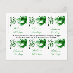 6 Favor Tags Sweet 16 Green Party Masker Uitnodiging Briefkaart