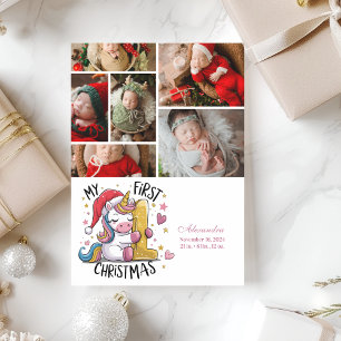 6 Foto 1e Kerst Baby Roze Gouden Eenhoorn Feestdagenkaart