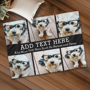 6 Foto collage 2 lijnen tekst — KAN Zwart bewerken Fleece Deken