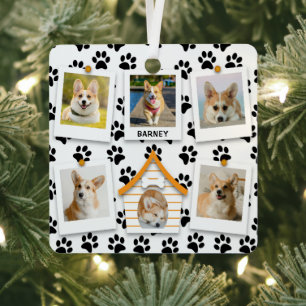 6 Foto Collage Add Name Dog House Paw Prins Metalen Ornament