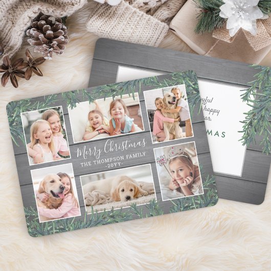 6 Foto Collage Kerstmis Greenery & Grey Wood Feestdagenkaart
