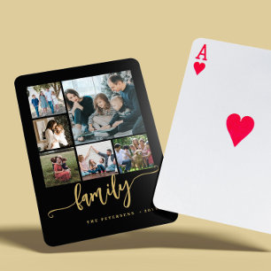 6 foto collage zwart goud test script familie pokerkaarten
