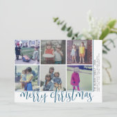 6 Foto offset - Script Merry Kerstmis - blauw Feestdagenkaart (Staand voorkant)