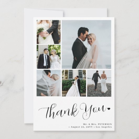 6 fotocollage modern minimalistisch script bruilof bedankkaart (Voorkant)