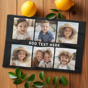 6 foto's met witte tekst op zwart theedoek