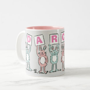 6 Letter-naam met Fun Rabbits tweetone koffie-Mok Tweekleurige Koffiemok