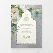 6 pg NIKAH WALIMAH White Greenery Silver Wedding Drieluik Uitnodiging (Cover)