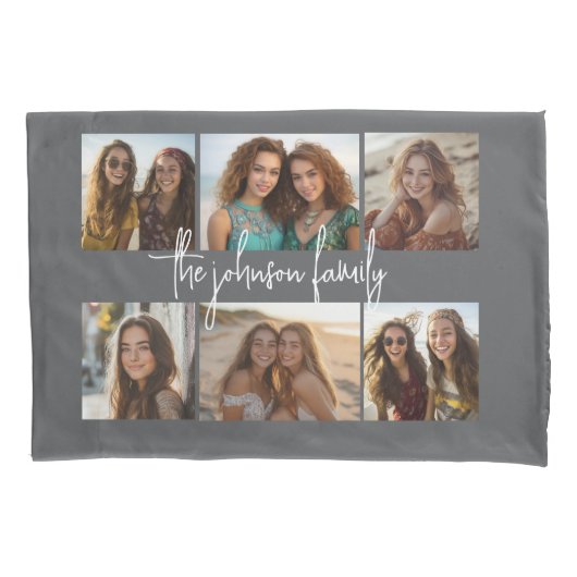 6 Photo Collage Grid - Wit Aangepaste tekst - Grij Kussensloop (Voorkant)