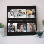 6 photo personnalisée collage votre famille de tex<br><div class="desc">"Nous sommes le nom de famille et c'est notre histoire depuis l'année" écriture manuscrite blanche brossée script (texte modifiable) et vos six images de famille sur un fond noir solide (changeable) faisant un beau collage photo fausse impression de toile pour marquer votre anniversaire avec un cadeau de souvenir! Facile à...</div>