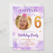 6 Purple Gold Star Bubbles 6th Birthday Invitation (Devant)