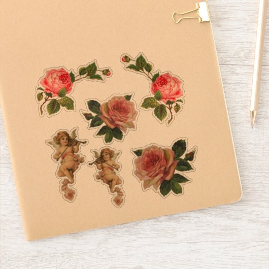 6 stickers Victorien Die-Cut Rose Cherub Angel (Carnet)