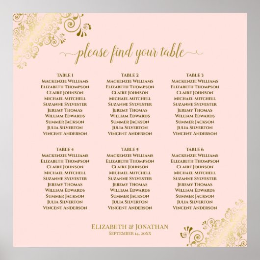 6 Tabel Blush Roze & Gold Wedding Seating Chart Poster (Voorkant)
