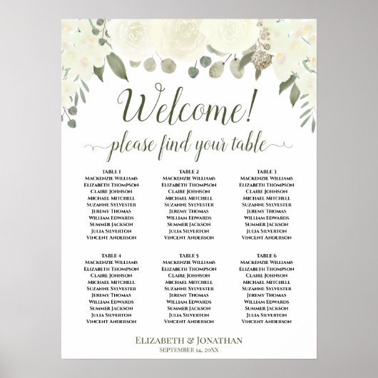 6 Tabel White Boho Floral Welcome Seite Chart Poster (Voorkant)