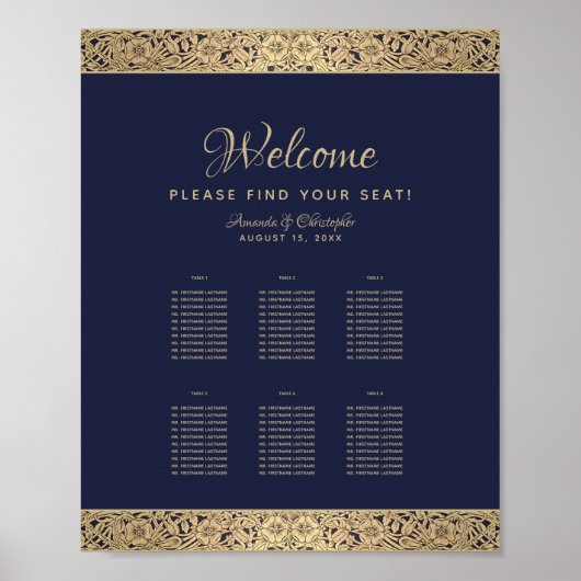 6 Tabellen Navy Blue Wedding Seating Chart Gold Ro Poster (Voorkant)