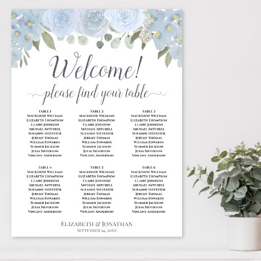 6 Table Dusty Blue Floral Tableau de Mariage Assis