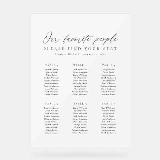 6 Tables Favorite People Acrylic Seating Chart (Recto)