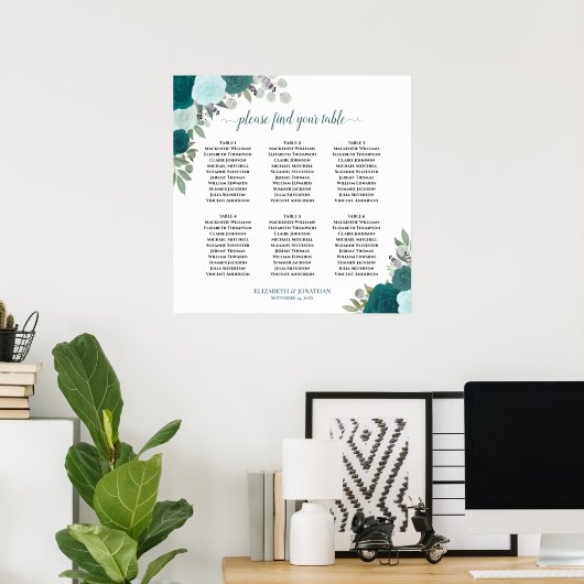 6 tafel Blauwgroen Rozen Boho bruiloft zitgrafiek Poster (Thuiskantoor)