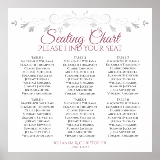 6 Tafel Roos & White Elegant Wedding Seating Chart Poster (Voorkant)