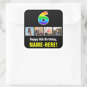 6de verjaardag: Regenboog "6"; Aangepaste Foto's & Vierkante Sticker
