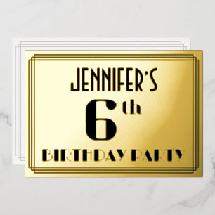 6de verjaardagsfeestje: Art Deco-look “6” en naam Folie Uitnodiging