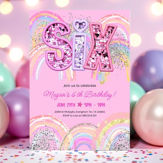 6e anniversaire Invitation Girl Editable Rainbow S