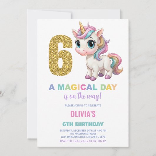 6e anniversaire Unicorn Anniversaire Invitations (Devant)