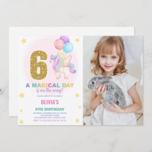 6e anniversaire Unicorn Anniversaire Invitations a (Devant / Derrière)