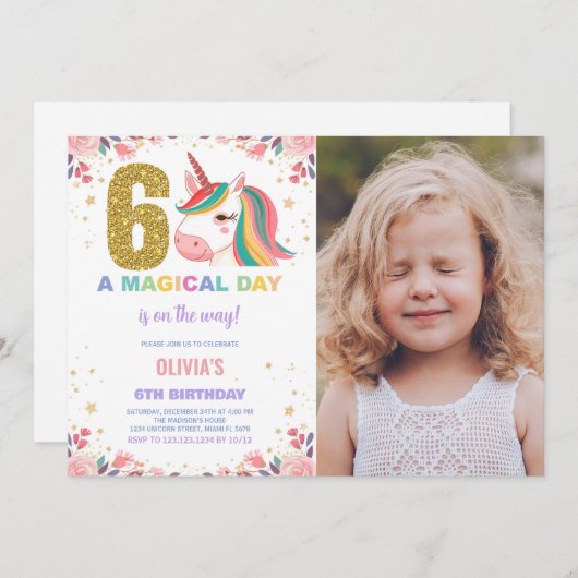 6e anniversaire Unicorn Anniversaire Invitations p (Devant / Derrière)