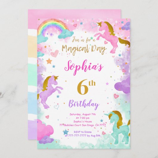 6e anniversaire Unicorn Invitation (Devant / Derrière)