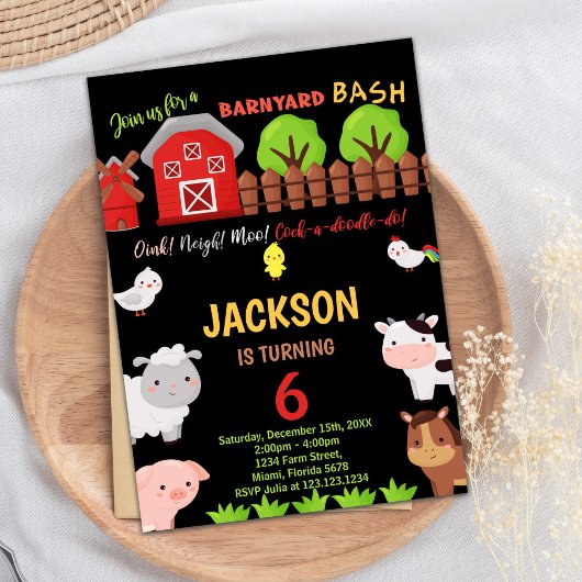 6e Black Red Farm Animaux Invitations d'anniversai
