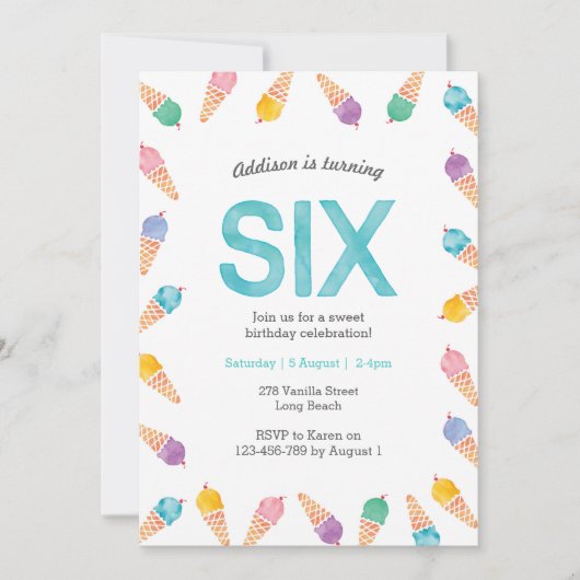 6e fête d'anniversaire | Invitation à la crème gla (Devant)