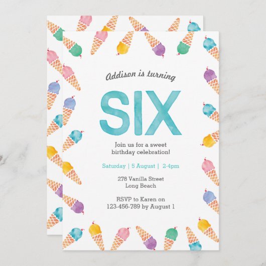 6e fête d'anniversaire | Invitation à la crème gla (Devant / Derrière)