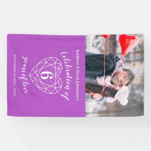 6e jubileum hart gepersonaliseerde foto paarse spandoek (Horizontaal)