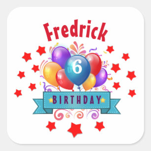 6e KIDS Verjaardag Feestelijke Kleurrijke Ballonne Vierkante Sticker