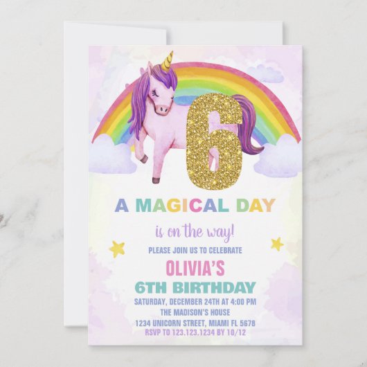 6e Rainbow Unicorn Anniversaire Invitations Cloud (Devant)