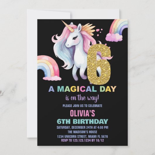 6e Rainbow Unicorn Anniversaire Invitations waterc (Devant)