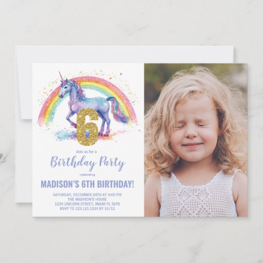 6e Rainbow Unicorn Birthday Invitations photo (Devant)