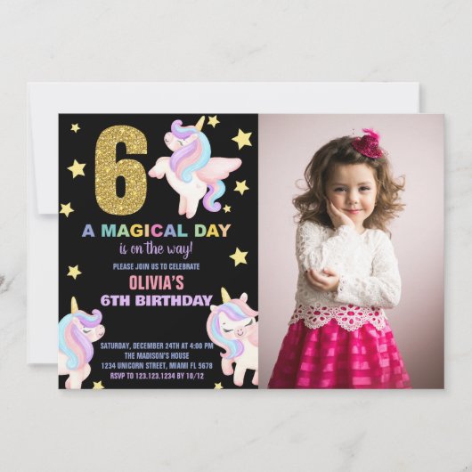 6e Rainbow Unicorn Invitations Anniversaire avec p (Devant)