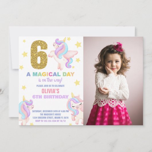 6e Rainbow Unicorn Invitations Anniversaire avec p (Devant)