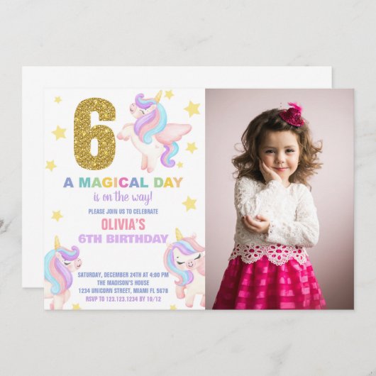 6e Rainbow Unicorn Invitations Anniversaire avec p (Devant / Derrière)