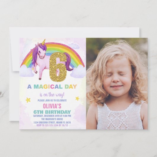 6e Rainbow Unicorn Invitations Anniversaire avec p (Devant)